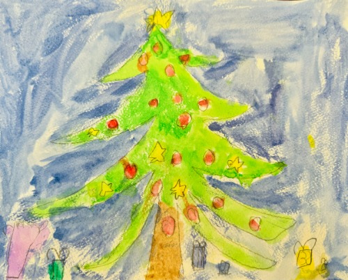 Childrens drawing of a christmas tree with gifts underneath. 